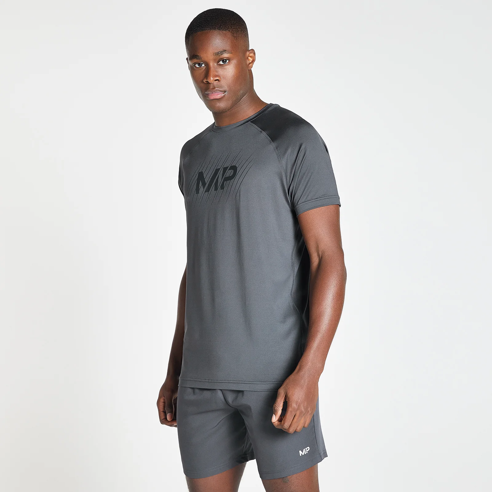 MP Men's Linear Line Graphic Essentials Training Short Sleeve T-Shirt - Gun Metal - XXS attēls 1